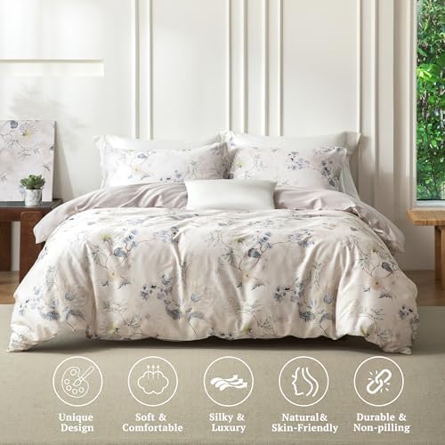MILDLY Greige Floral Duvet Cover Set 3pcs Elegant for All Season Queen