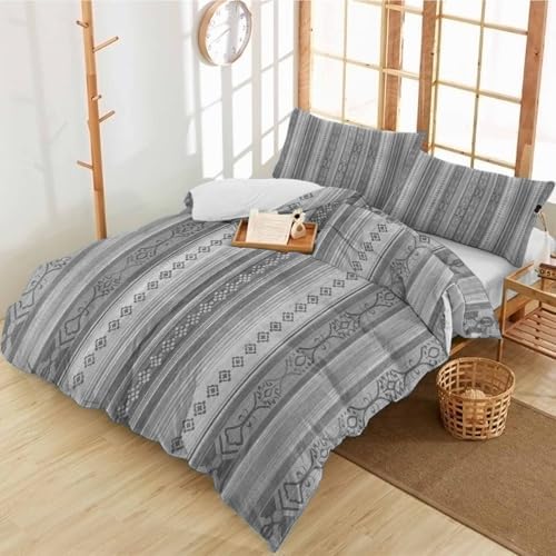 Duvet Cover Set Full, Boho Abstract Ethnic Gray Geometric Pattern
