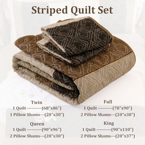 Cottolester Light Brown King Quilt Set,3 Pcs Boho Striped Plaid