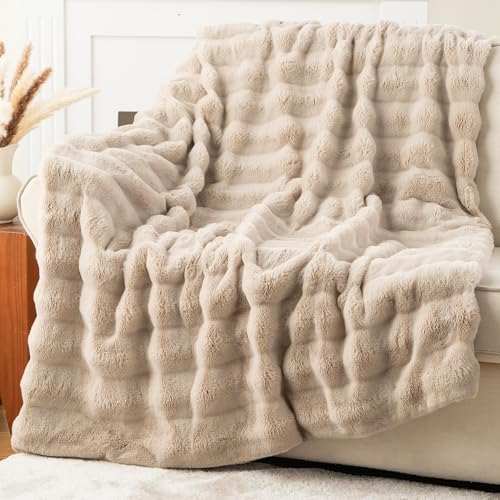 Battilo Tan Throw Blanket for Couch, Beige Fur Blanket, 50"x60"