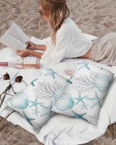 Outdoor Pillow Covers with Inserts,Teal Coastal Waterproof Decorative