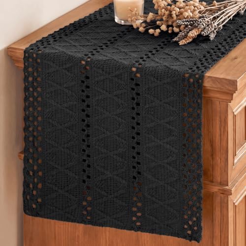 Artoid Mode Black Woven Farmhouse Hollow Table Runner 12x120 Inch