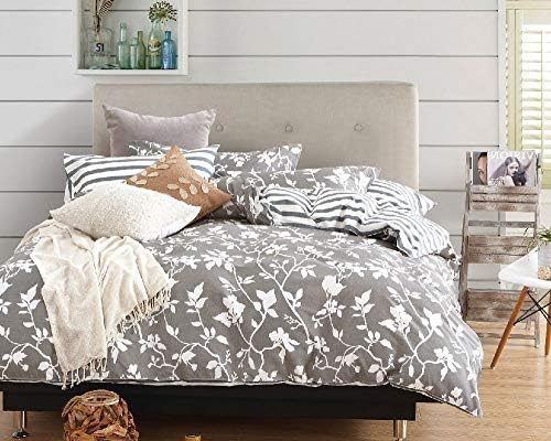 3 Piece Leaf Duvet Cover Set Queen, Reversible Gray Bedding Set, White