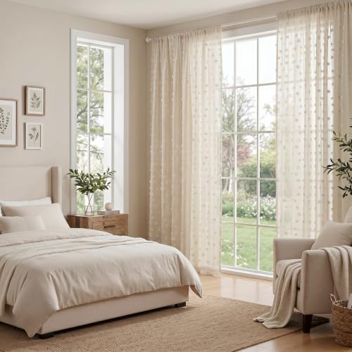MYSKY HOME Beige Boho Sheer Curtains with Cream Pom Pom 36Wx72L,2