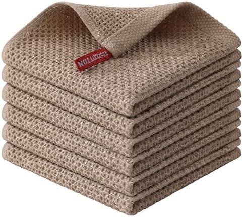 Kitinjoy 100% Cotton Waffle 6-Pack Kitchen Towels, 12" x 12", Tan