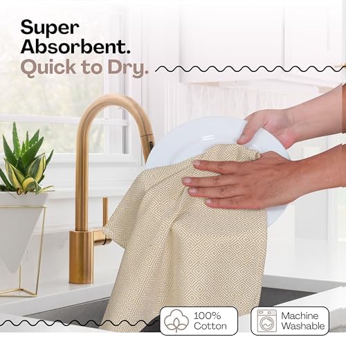Beige Kitchen Towels, 12 Pack, 100% Cotton, Super Absorbent and Quick