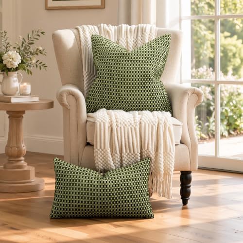 Plaid Decorative Throw Pillow Covers 22x22 inch Set of 2 Olive Green