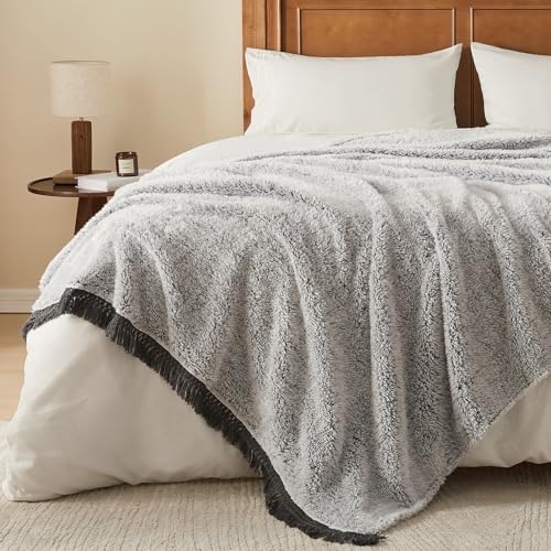 EMME Soft Sherpa Fleece Blanket with Tassel, Reversible Plush Fluffy