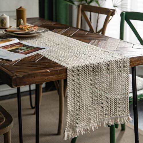Boho Table Runner Macrame 108 Inches Long, Cotton Linen Dining Table