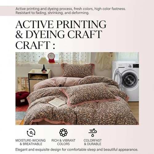 Floral Duvet Cover Queen Size, Washed Cotton Soft Bedding Set 4 Piece