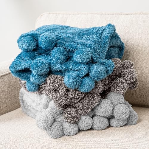PAVILIA Soft Sherpa Twin Blanket Pom Pom for Couch Bed, Light Gray