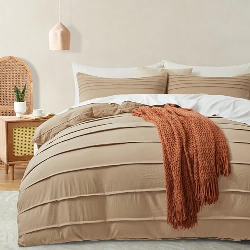 Oli Anderson 3PCS Pleated Duvet Cover Set, Khaki, Queen