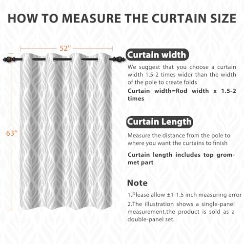 Gray Leaf Patterned Blackout Curtains for Living Room 63 Inch Length 2