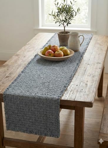Textured Table Runner with Fringe, Gray, Cotton Woven Dining Table