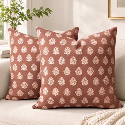 AELS 18x18 Decorative Farmhouse Throw Pillow Covers, Boho Floral Block