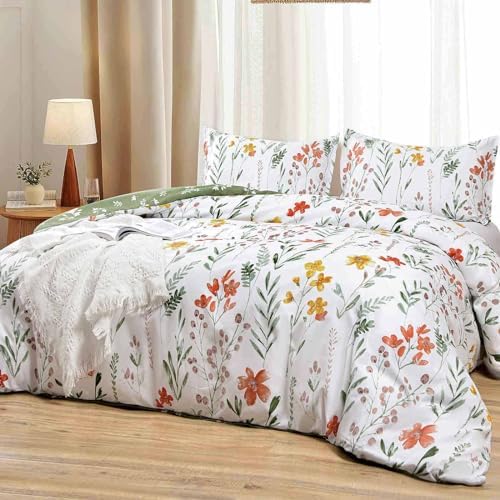 Floral Duvet Cover King Size - White Yellow Flowers and Green Leaf