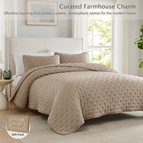 WDCOZY Beige Cloud King Size Quilt Set, Tan Lightweight Farmhouse