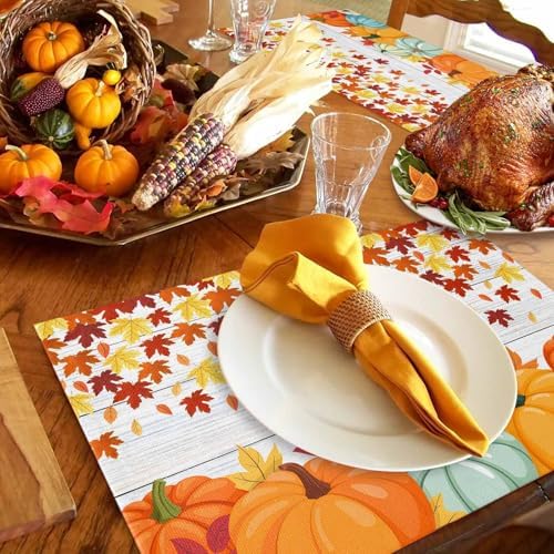 Placemats Set of 8, Thanksgiving Pumpkin Fall Harvest Washable Table