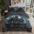 Charcoal Gray Night Sky Haunted House Duvet Cover Set For Women Girls