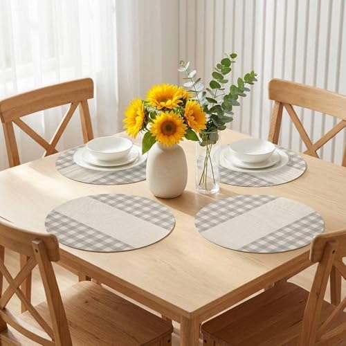 Round Placemat Set of 6 Gray Buffalo Check on Retro Linen Faux Leather