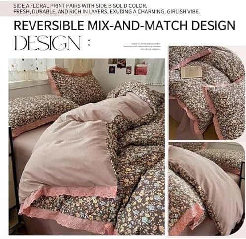 Floral Duvet Cover Queen Size, Washed Cotton Soft Bedding Set 4 Piece