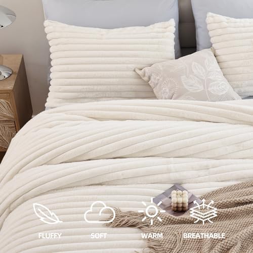 Smoofy Fluffy King Size Comforter 3 PCS - Cream White Fleece Bedding