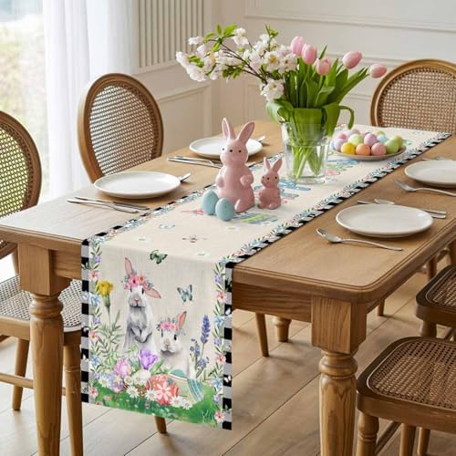 Table Runner 120 Inches Long, Spring Pastoral Flower Checkered Linen