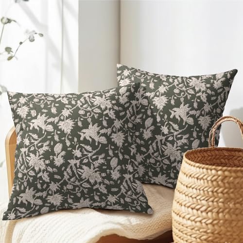 Olive Green Floral Block Print Throw Pillow Covers 22x22 Inch Set of 2