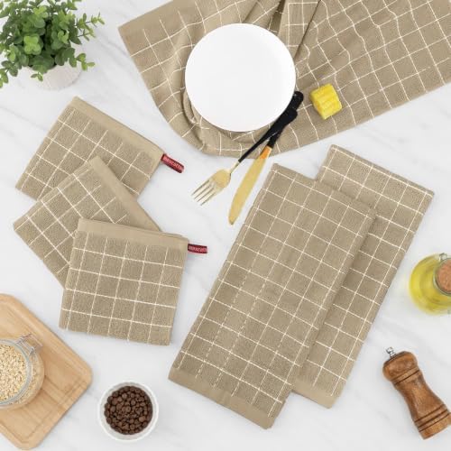 Kitinjoy 100% Cotton Kitchen Towels and Dishcloths Set, Tan