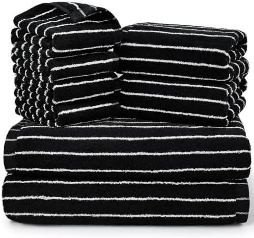 Jacquotha 8 Piece Black Towels Set for Bathroom, Striped, Cotton