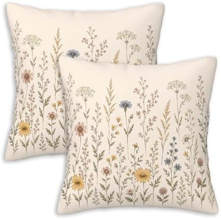 Cream Ivory Wildflower Throw Pillow Covers 18x18 Set of 2, Meadow