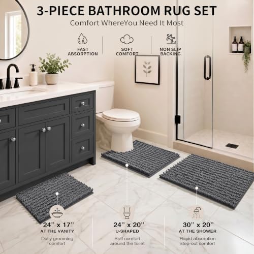 Yimobra Bathroom Rug Set 3 Piece, Super Absorbent Bath Mat Set, Dark