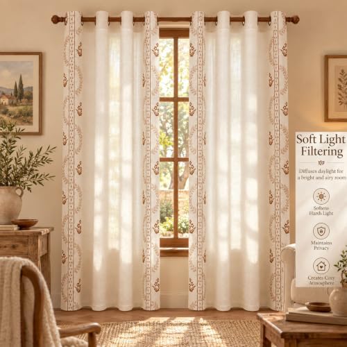 Linen Curtains 95 Inch Brown Floral Drapes Back Tab 2 Panels