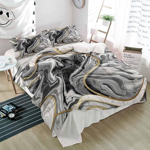Duvet Cover Set Queen, Abstract Gray Gold Marble Texture 3 Piece