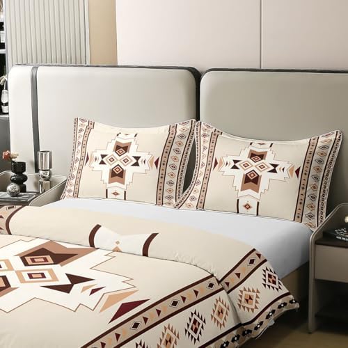 Beige Boho Duvet Cover Queen Size for Kids Boys Teens,Aztec Texture