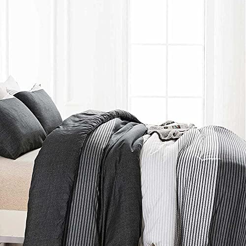 Faincy King Comforter Set, Grey & Black Patchwork Stripe Pattern Print