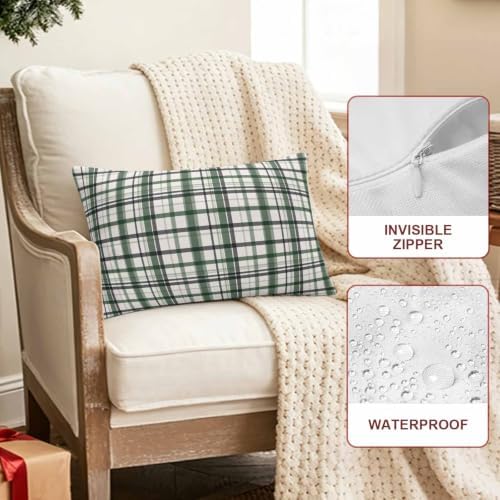 Sage Green Plaid Outdoor Pillow Covers 20"x12" Set of 2, Waterproof