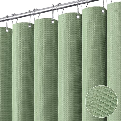 Dynamene Sage Green Fabric Shower Curtain, Waffle Weave Textured Cloth