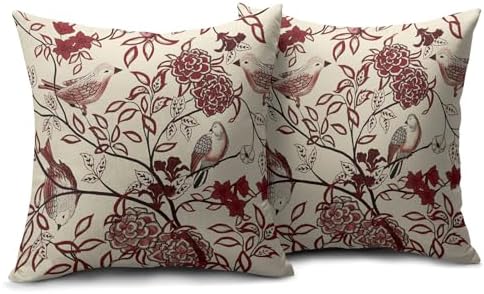 Burgundy Red Floral Pillow Covers 18X18 Inch Chinoiserie Vintage Bird