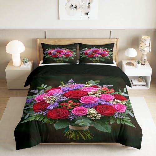 King Duvet Cover Set Soft Microfiber Oil Painting Flowers