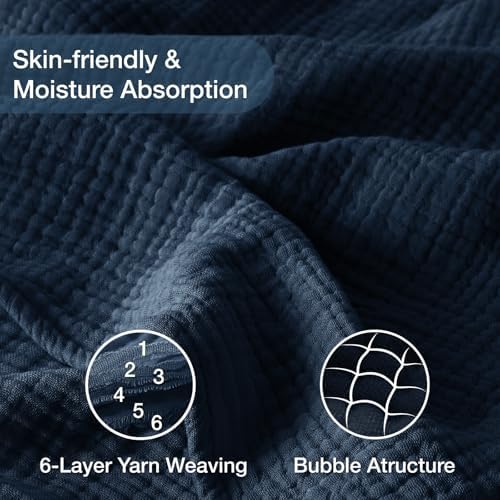 100% Cotton Muslin Blanket for Adults, 6-Layer, Queen, 90 x 90, Navy