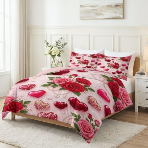 King Duvet Cover Set Soft Microfiber Valentine's Day Roses