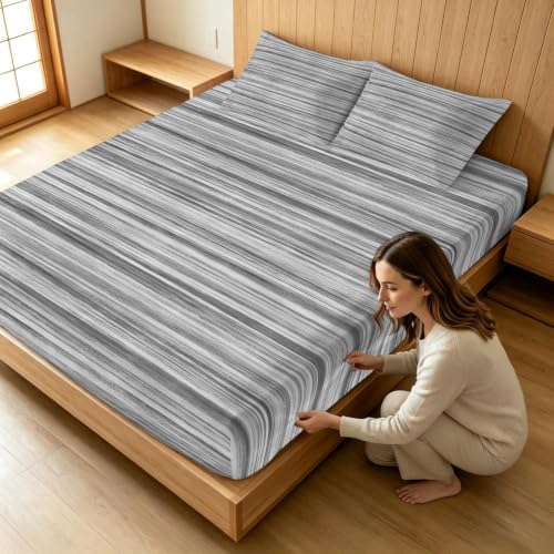 Queen Fitted Sheet Deep Pocket, Abstract Gray Striped Textured Soft
