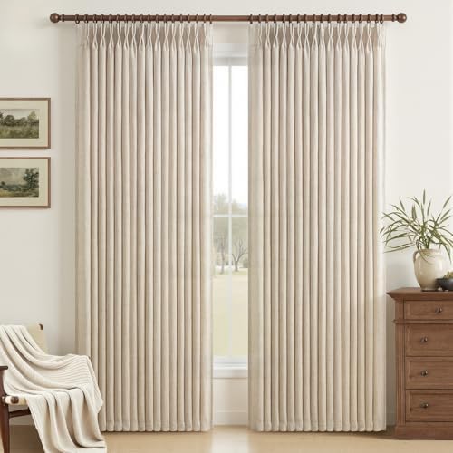 Natural Linen Pinch Pleated Curtains 84 Inch Length for Sliding Glass