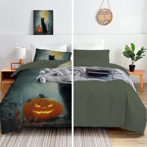 Charcoal Gray Halloween Black Cat Pumpkin Duvet Cover Set For Women