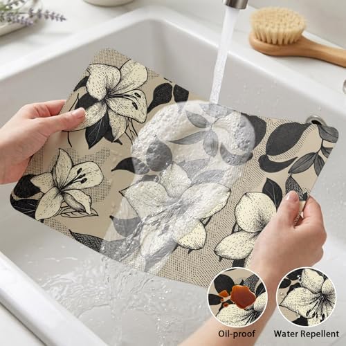 Placemats Set of 6 Vintage Beige Flower Black Leaf Heat-Proof