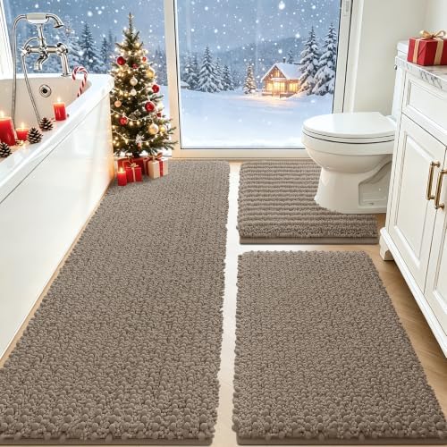 ACCUMTEK Upgrade Extra Large Dark Beige Bathroom Rug Set 3 Pieces Gray