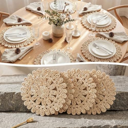 Set of 8 Round Woven Placemats Corn Husk 11.8'', Ruffled