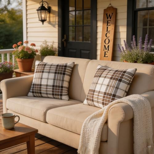 Pyonic Brown Plaid Outdoor Pillow Covers 18X18 Inch Waterproof Fall