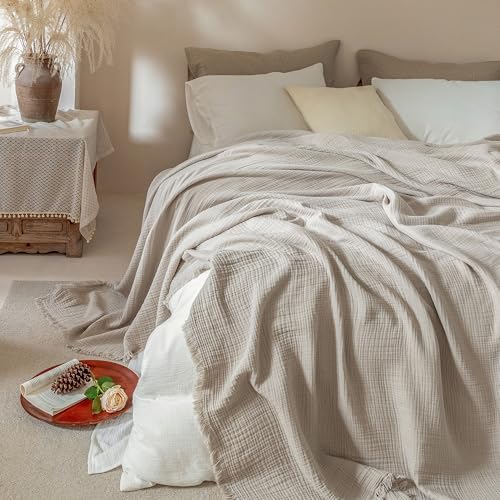 Muslin Fringe Blankets for Adults: 100% Cotton Cloud Soft King